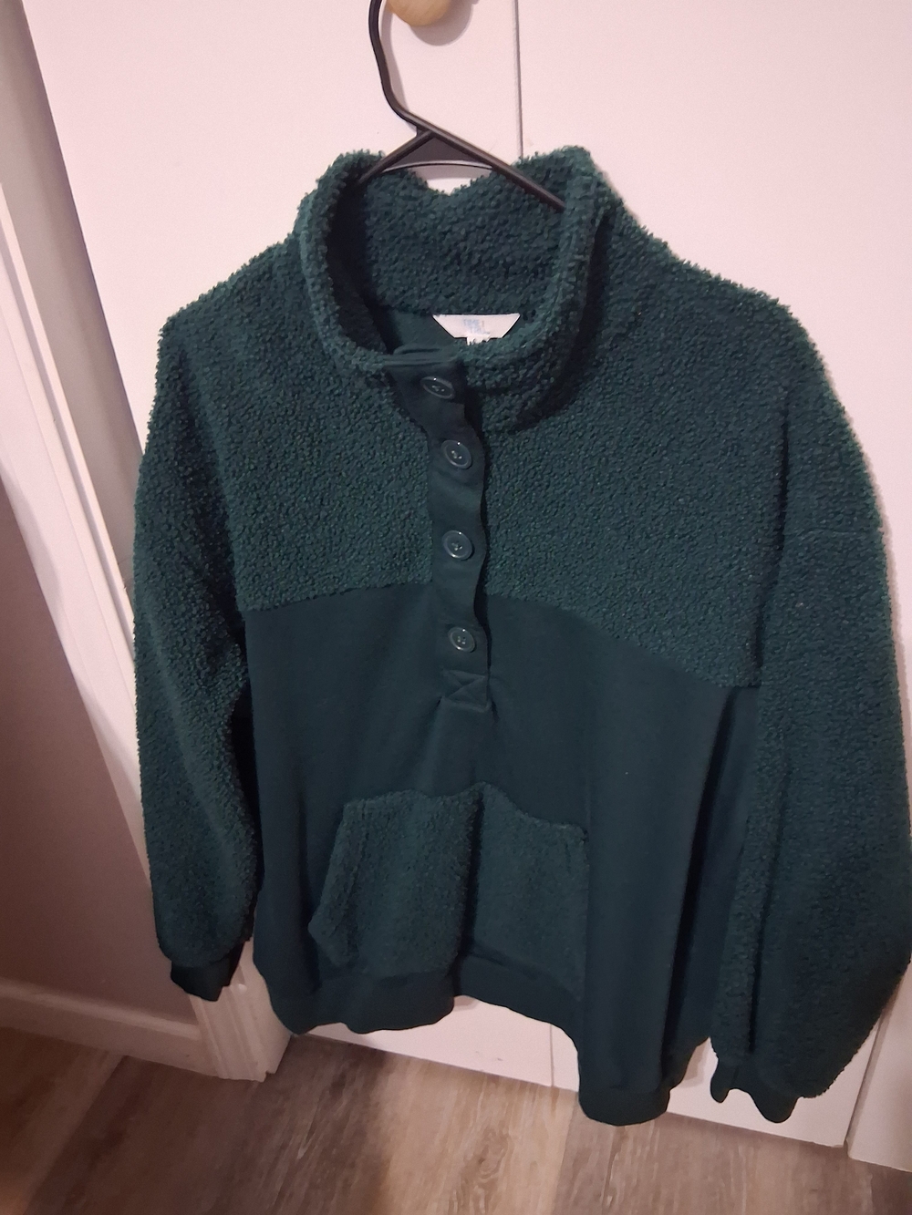 Time and Tru Dark Green Sherpa Button Pullover